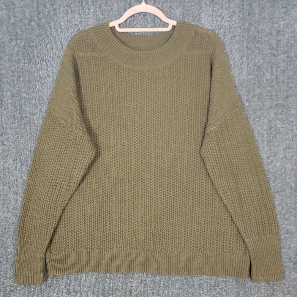 Prologue Sweater Womens XXL Olive Green Linen Blend Ribbed Crew Neck Boxy Knit